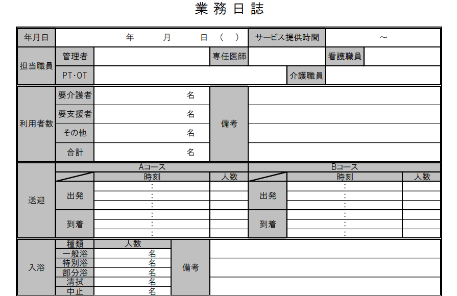 デイサービスの介護日誌(業務日誌)の書き方や例文・様式の無料ダウンロード | 介護ソフト(介護システム)のトリケアトプス